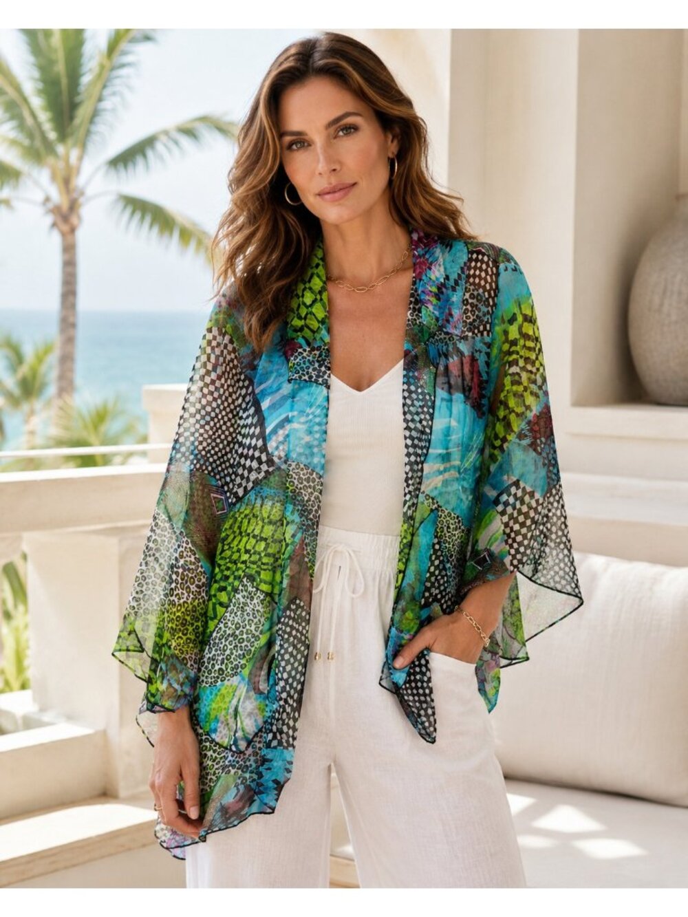 Caroline Rose 100% Silk Kimono Jacket Multicolor Art To Wear Open Front USA
